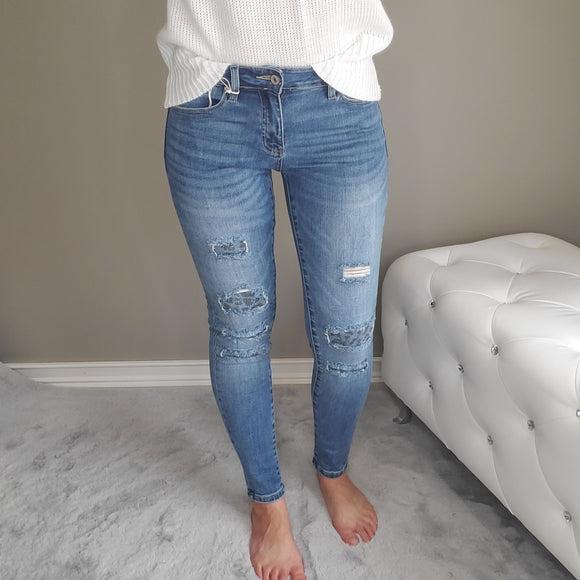 KanCan Gemma Mid Leopard Patched Jeans
