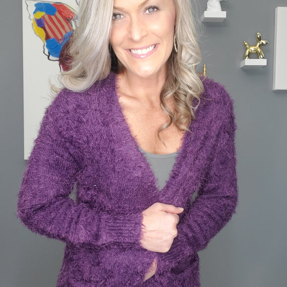 Chilly Nights Hairy Cardigan with Pockets - Plum